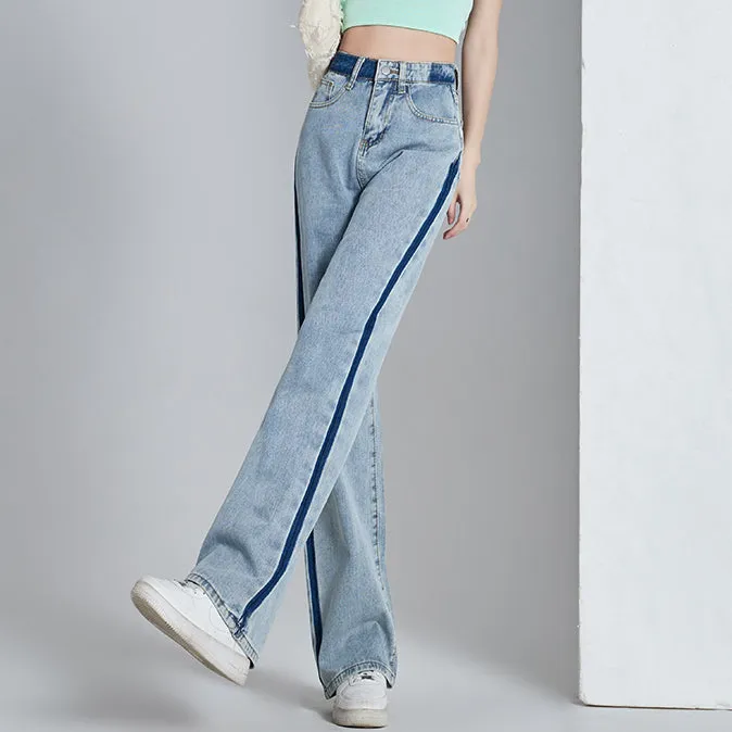 Contrasting Color High-Waist Wide-Leg Jeans