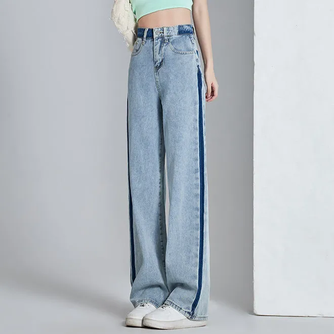 Contrasting Color High-Waist Wide-Leg Jeans