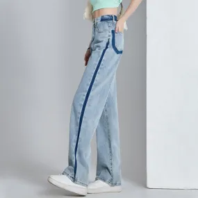 Contrasting Color High-Waist Wide-Leg Jeans