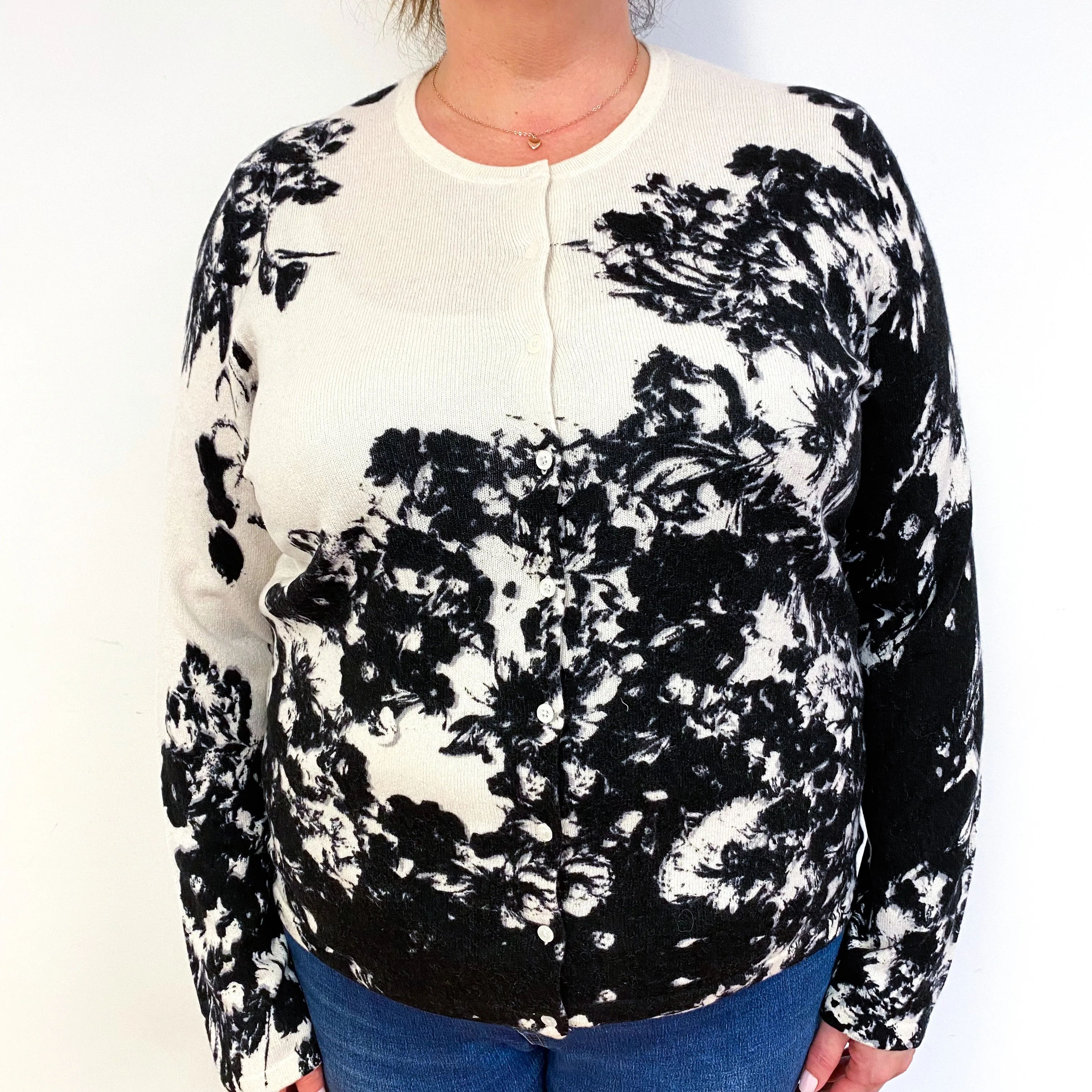 Cream Black Floral Cashmere Crew Neck Cardigan Extra Extra Large