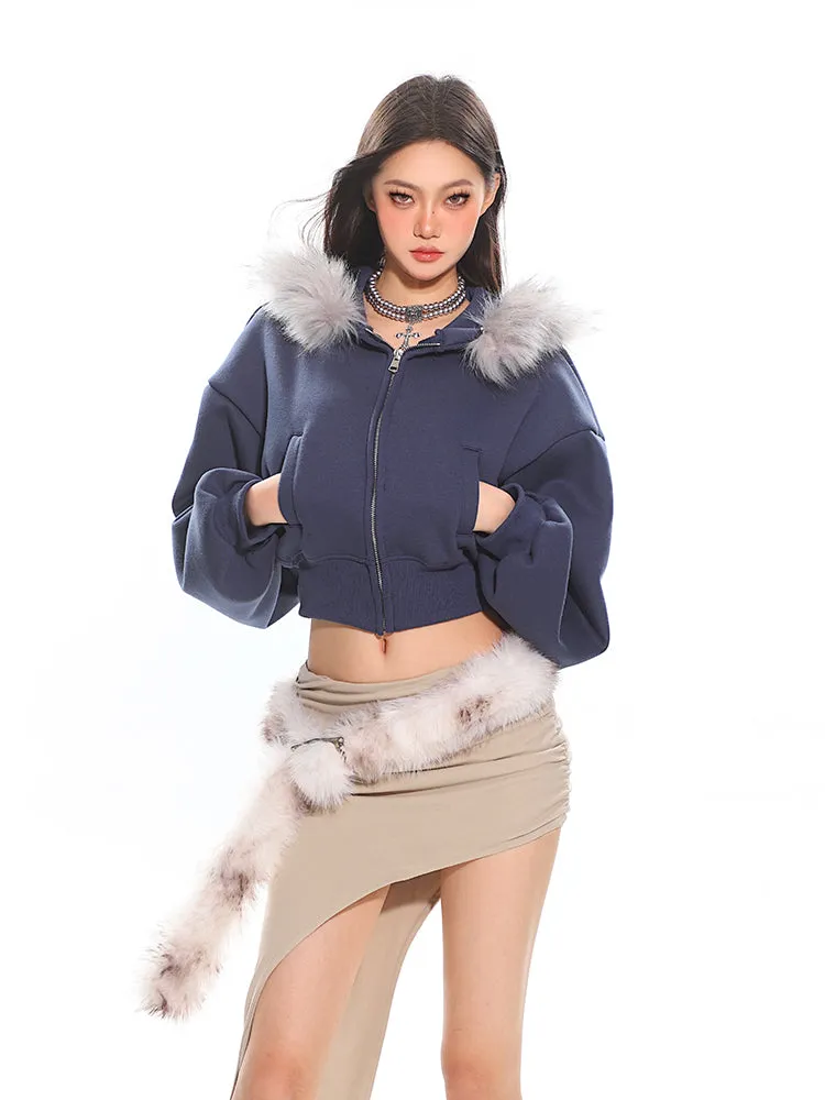 Cropped Faux Fur Hoodie Balloon Sleeves Jacket