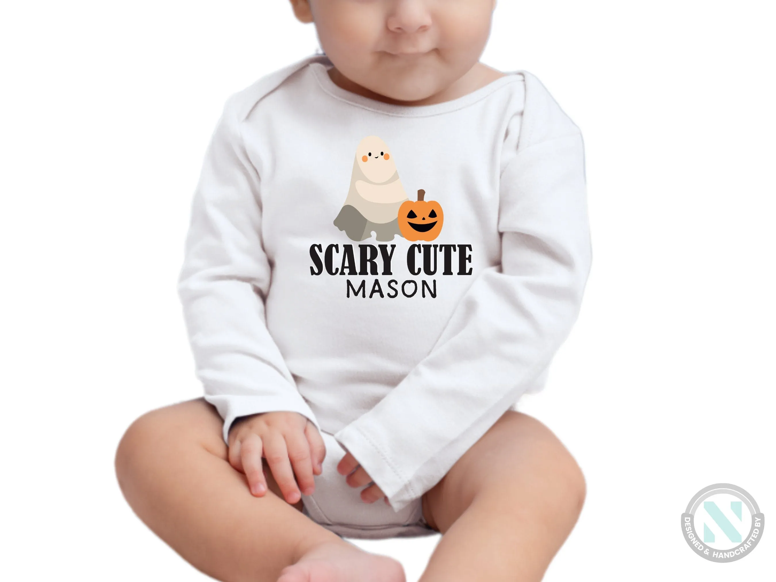 Custom Name Baby Bodysuit With text "Scary Cute" For 1st Halloween Party Celebrations