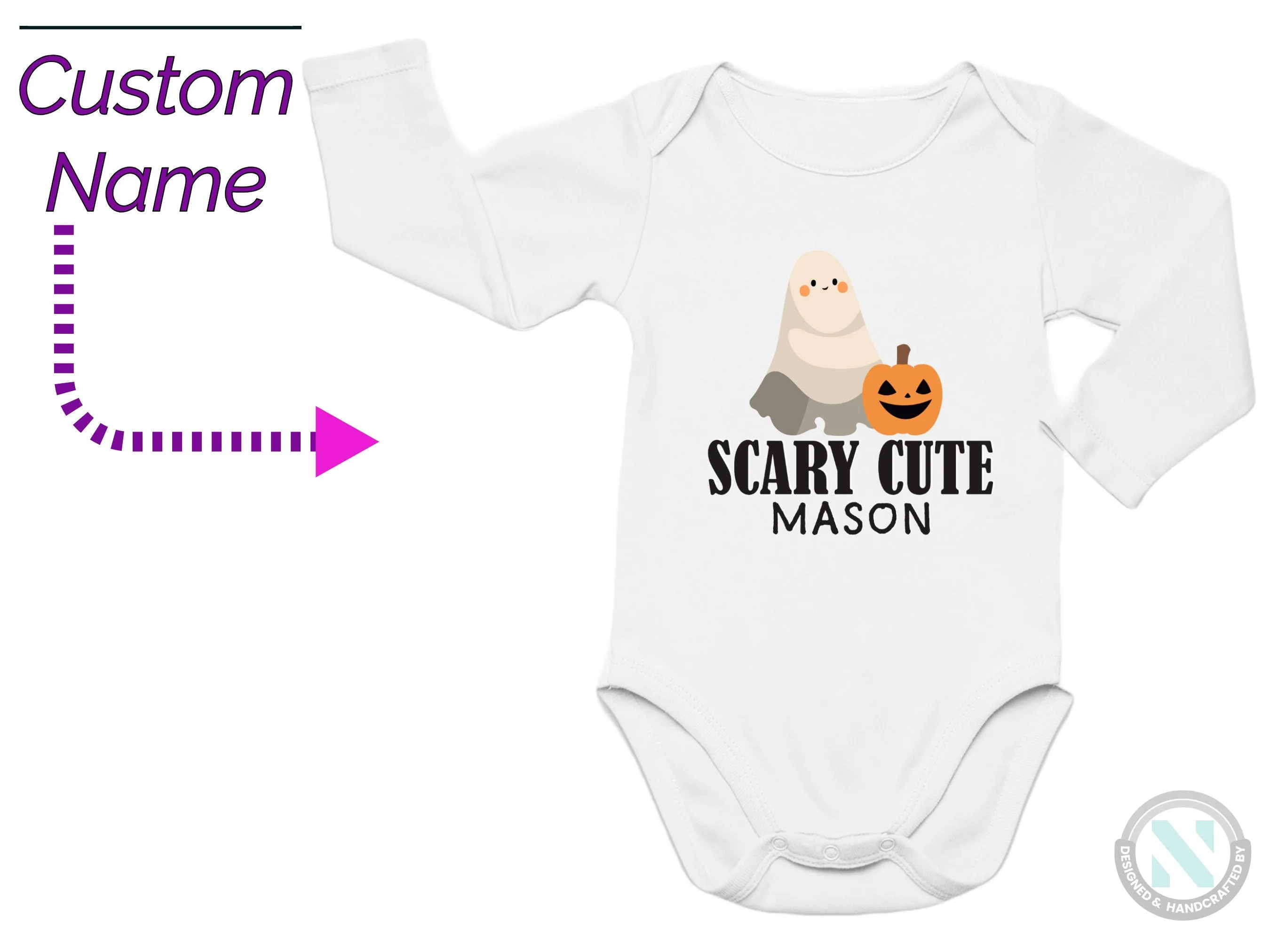 Custom Name Baby Bodysuit With text "Scary Cute" For 1st Halloween Party Celebrations