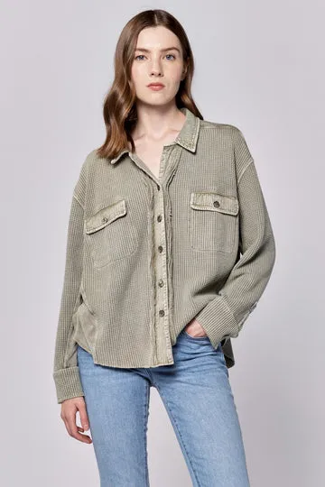 Dear John Foster Waffle Knit Button Down- Olive | FINAL SALE