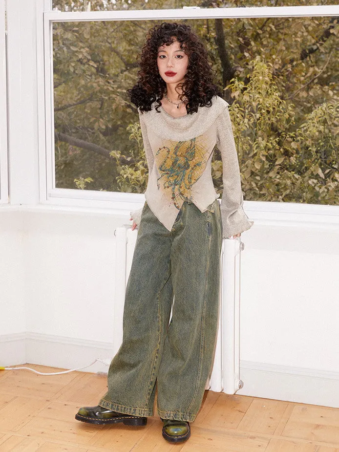 Denim High-Waist Belt Straight Casual Wide-Pants