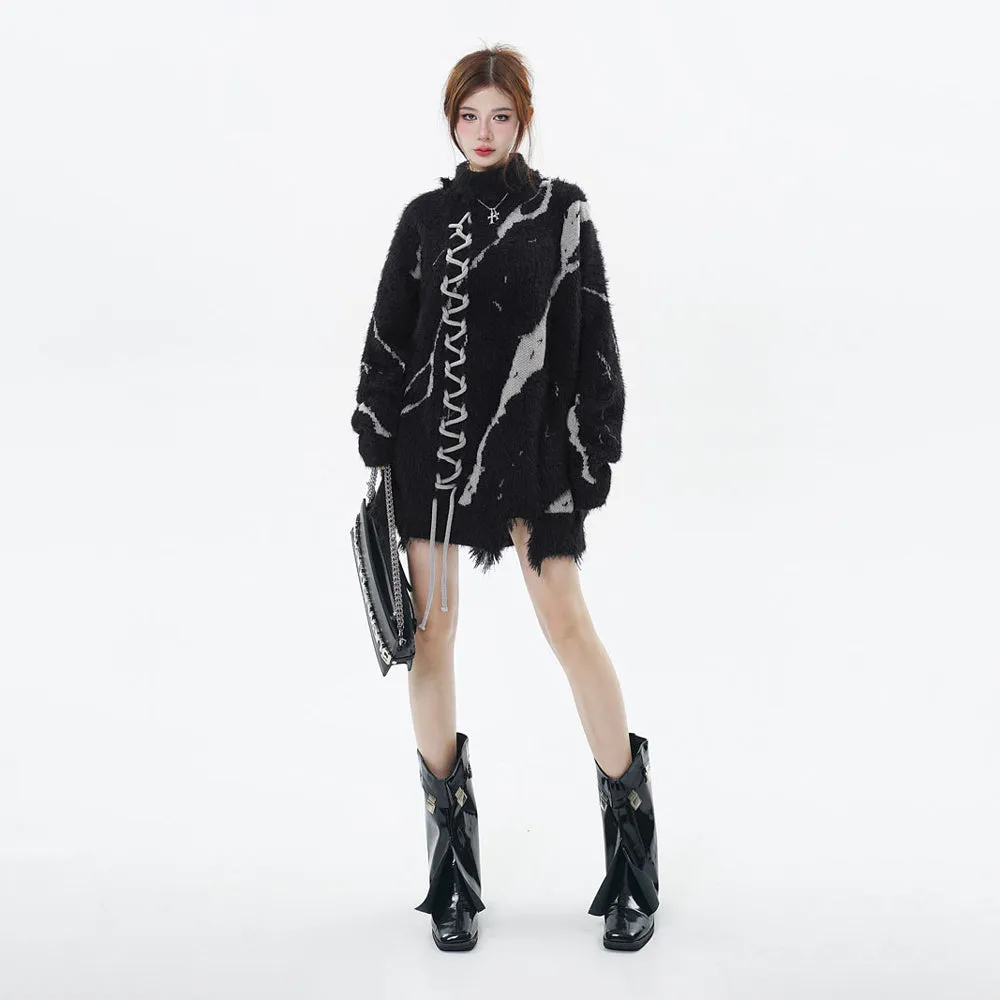 Distressed Turtleneck Long Sweater