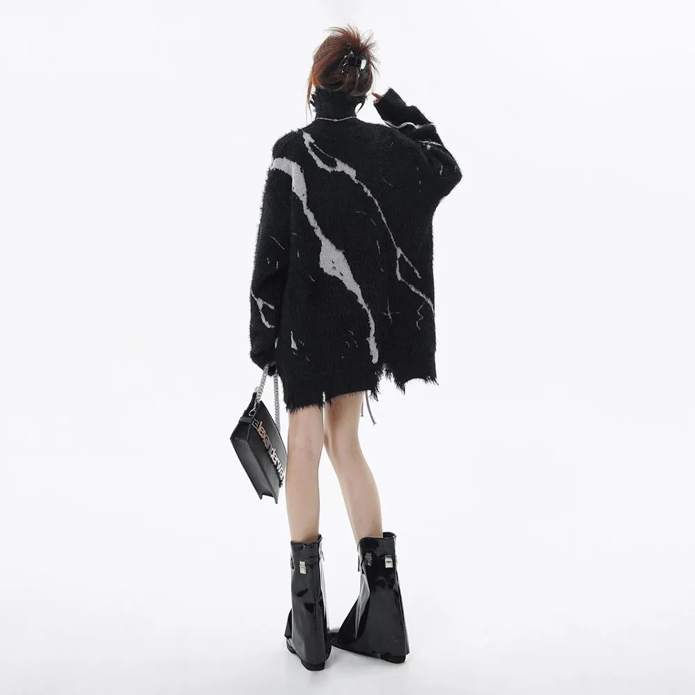 Distressed Turtleneck Long Sweater