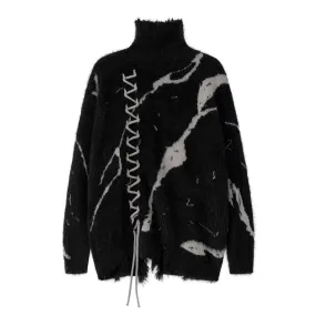 Distressed Turtleneck Long Sweater