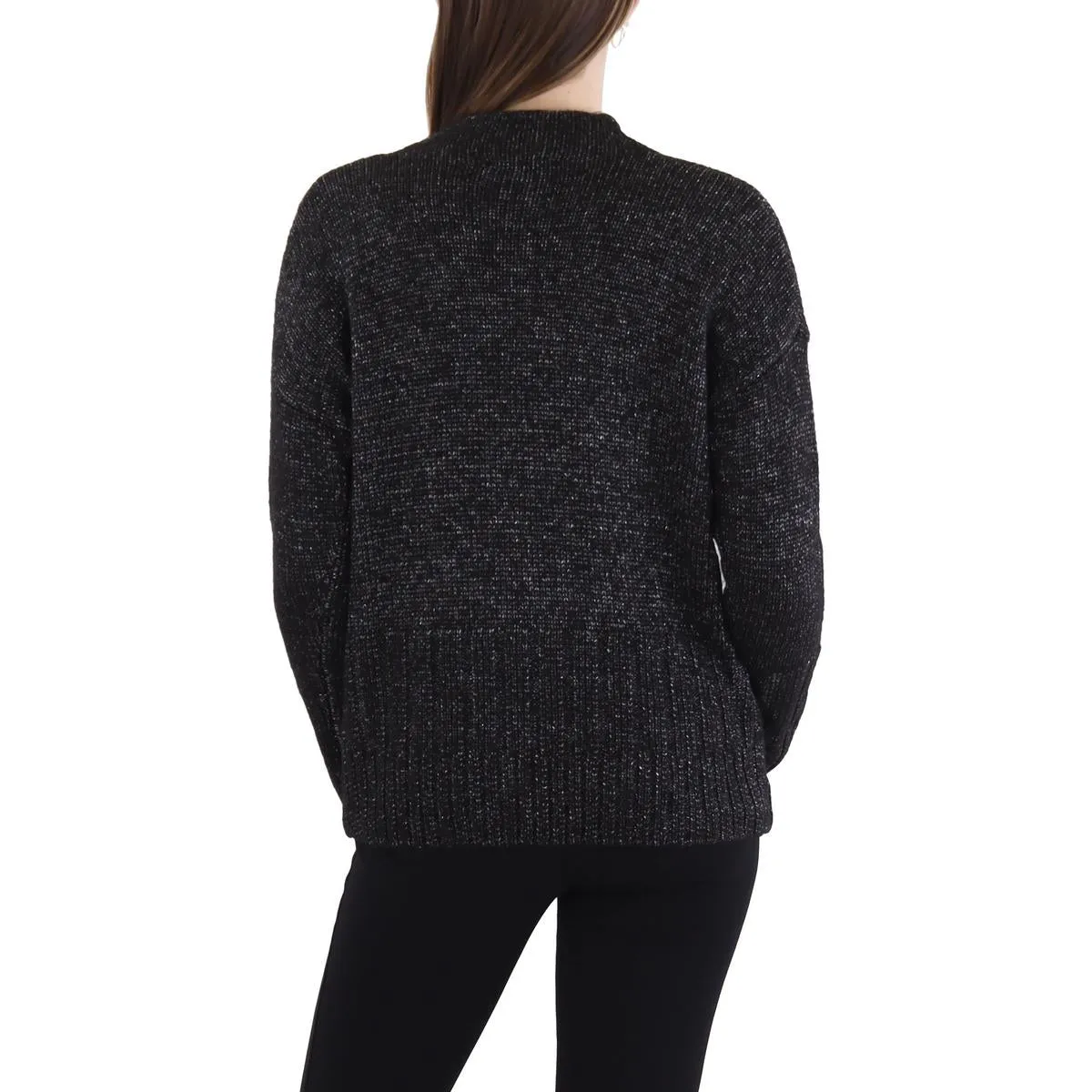 Donna Karan Womens Ribbed Knit Metallic Mock Turtleneck Sweater