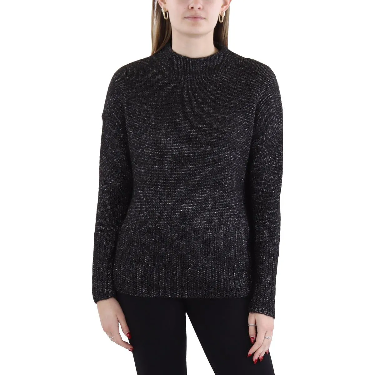 Donna Karan Womens Ribbed Knit Metallic Mock Turtleneck Sweater