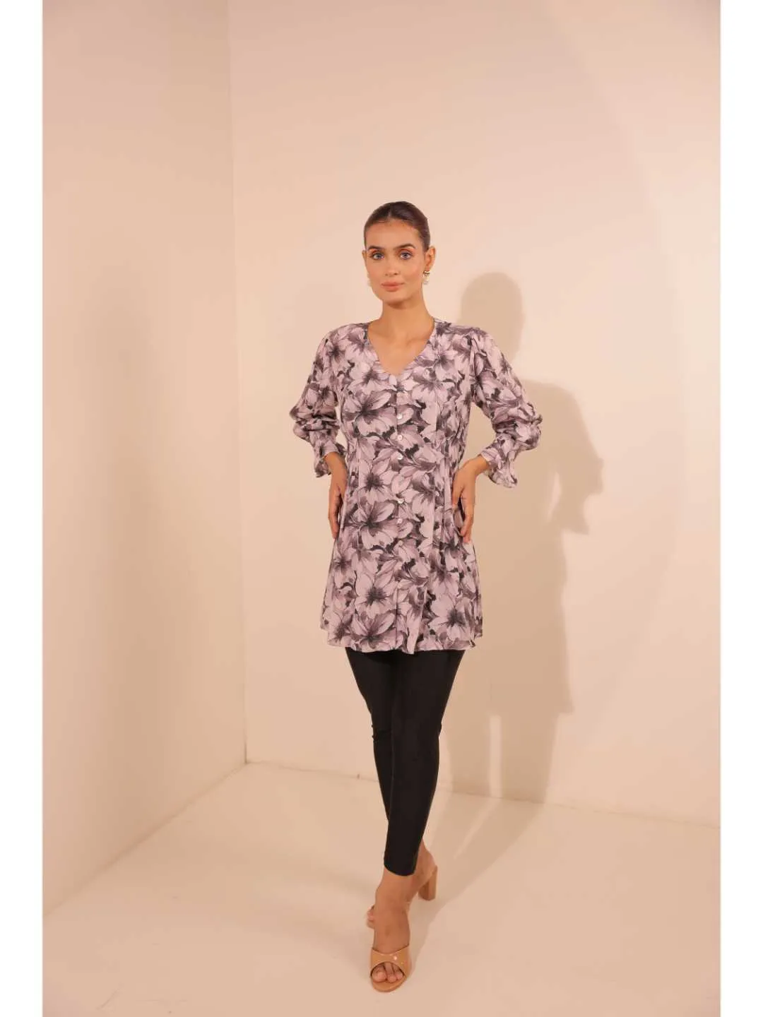 elegant natural crepe  abstract floral printed V Neck three dart button down top with fix puff sleeve. - White
