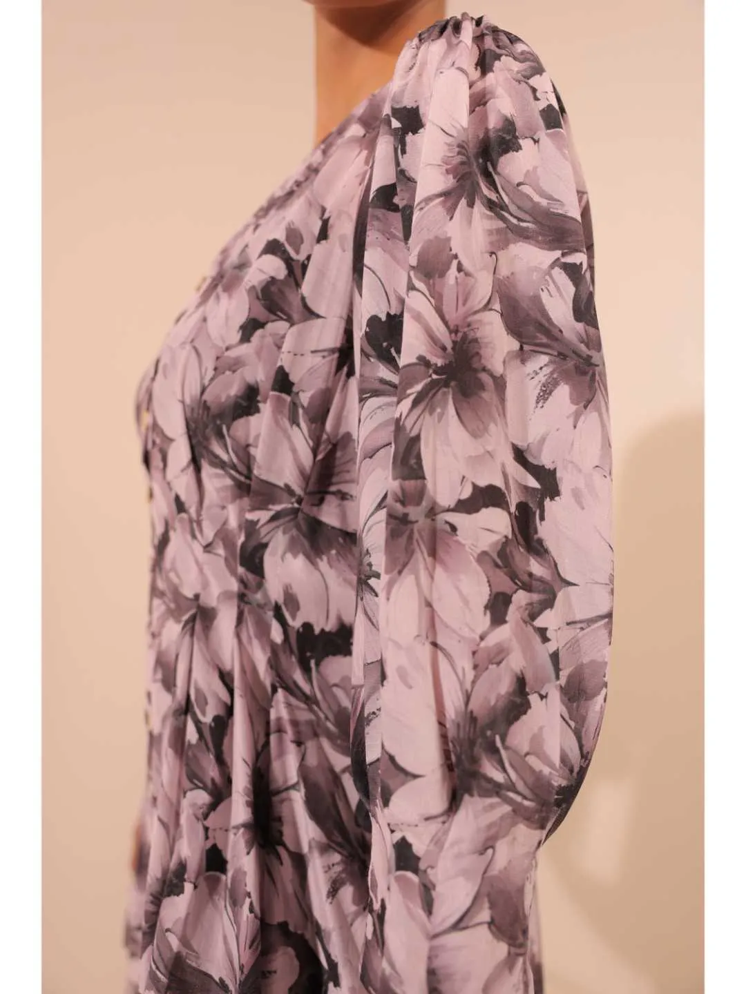 elegant natural crepe  abstract floral printed V Neck three dart button down top with fix puff sleeve. - White