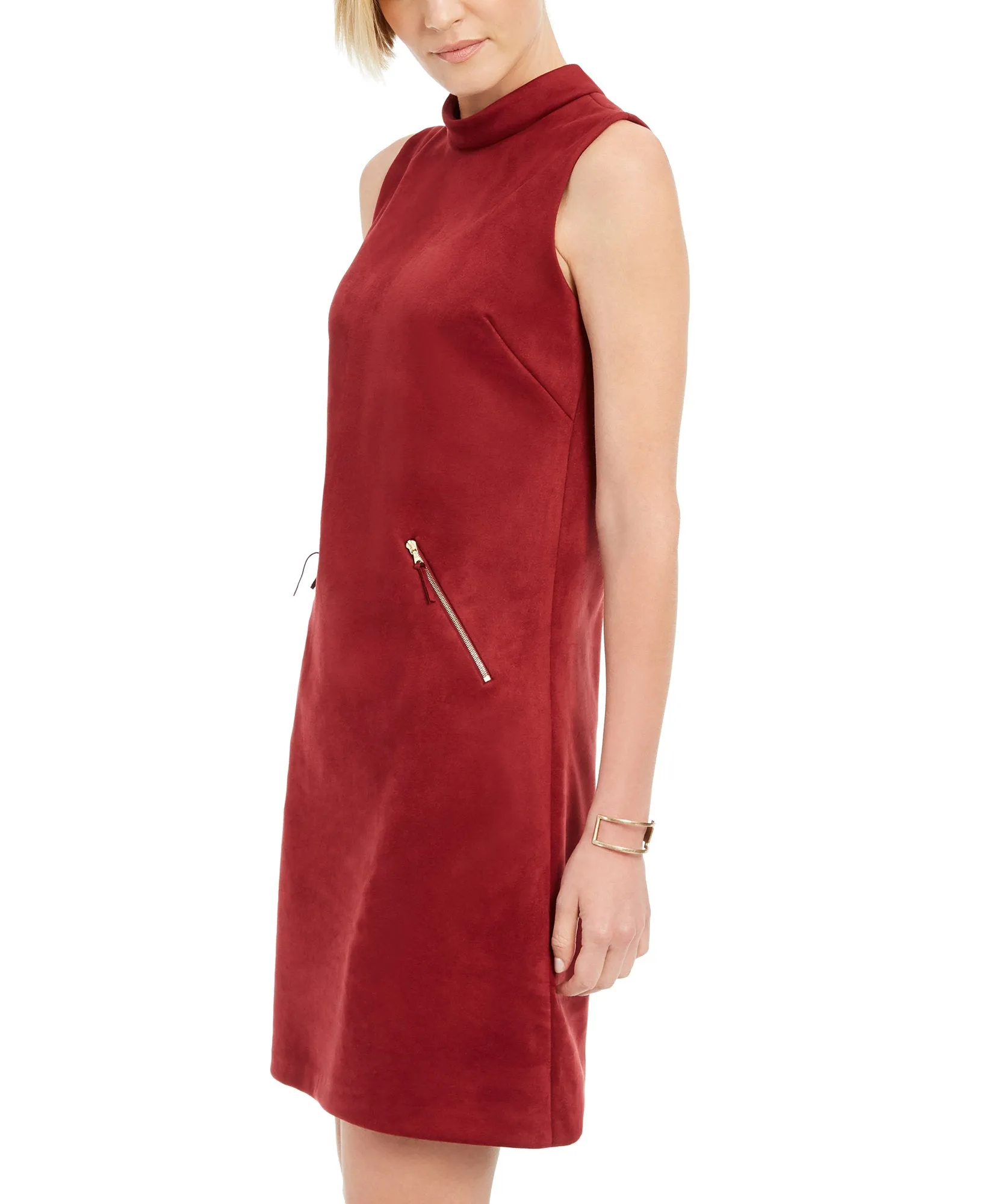 Faux-Suede Mock-Neck Sheath Dress