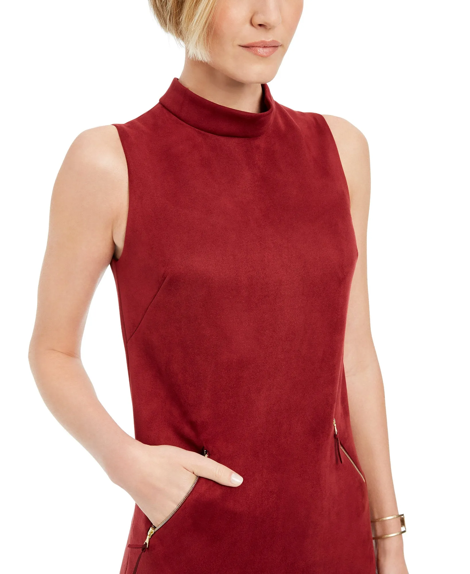 Faux-Suede Mock-Neck Sheath Dress