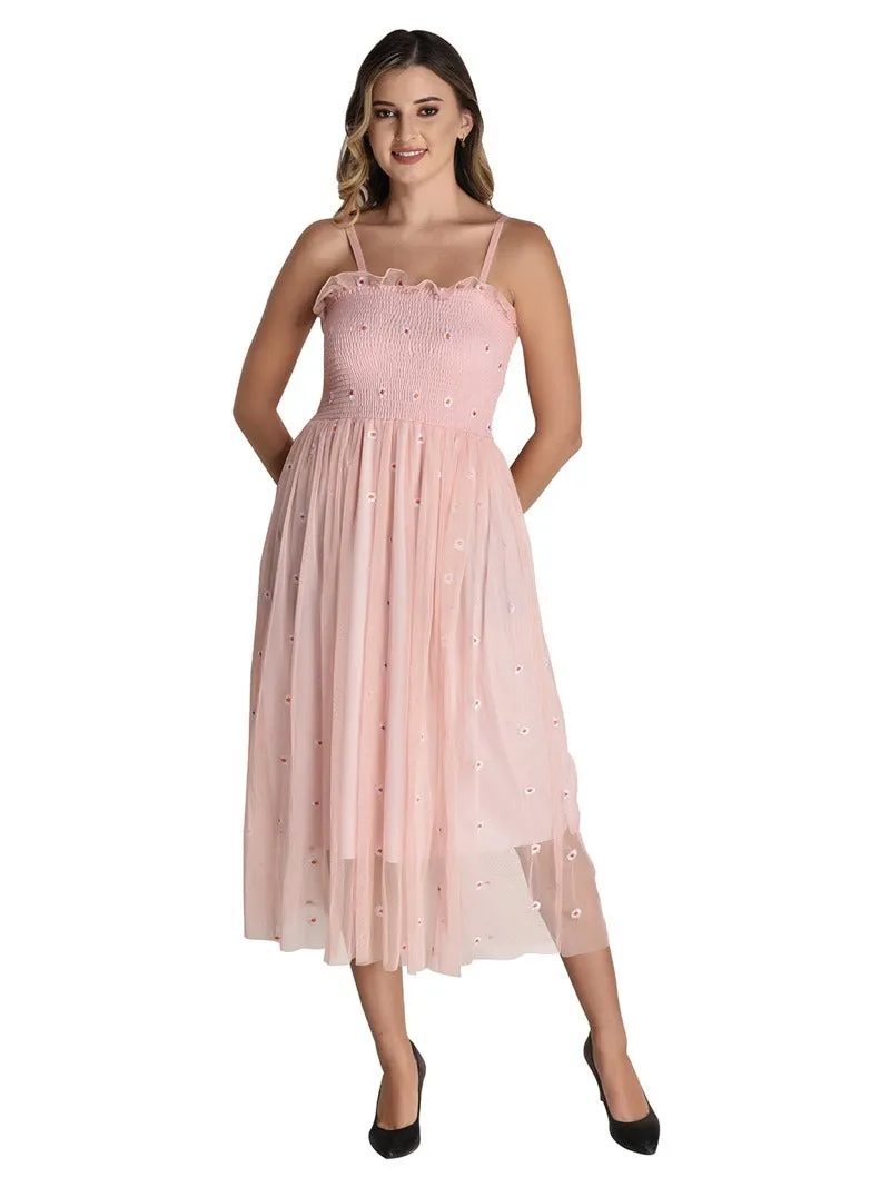 FIMS Fashion Women Embellished Net Floral Midi Fit & Flare Dress Pink