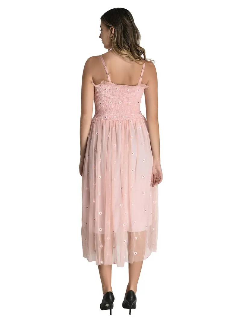 FIMS Fashion Women Embellished Net Floral Midi Fit & Flare Dress Pink