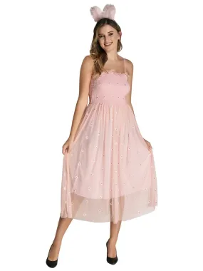 FIMS Fashion Women Embellished Net Floral Midi Fit & Flare Dress Pink