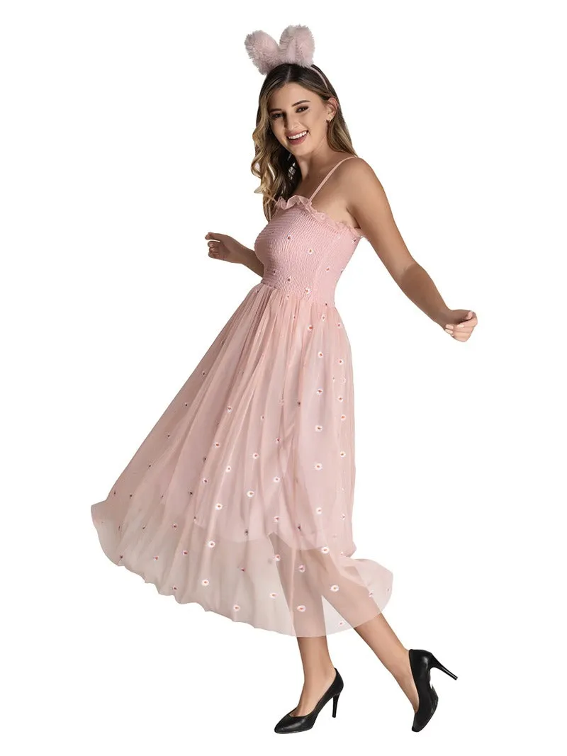 FIMS Fashion Women Embellished Net Floral Midi Fit & Flare Dress Pink