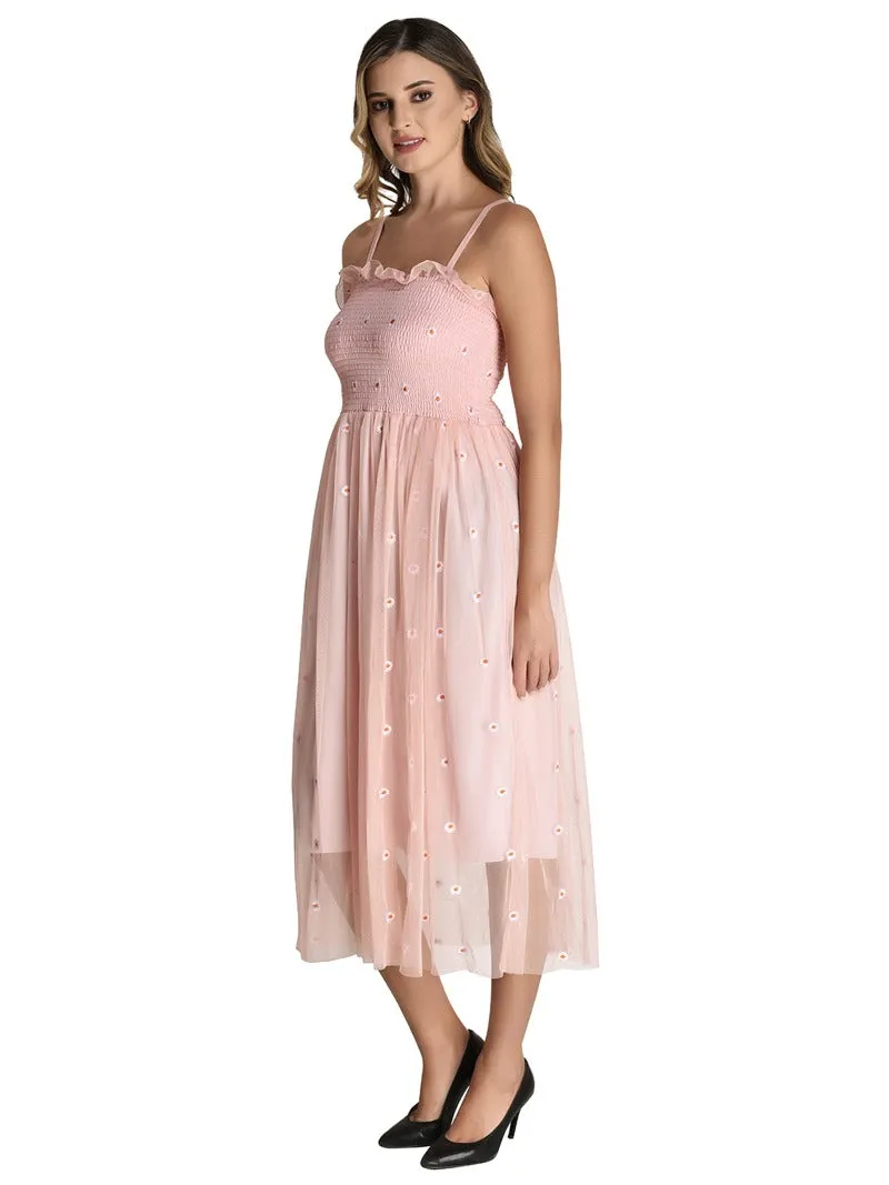 FIMS Fashion Women Embellished Net Floral Midi Fit & Flare Dress Pink