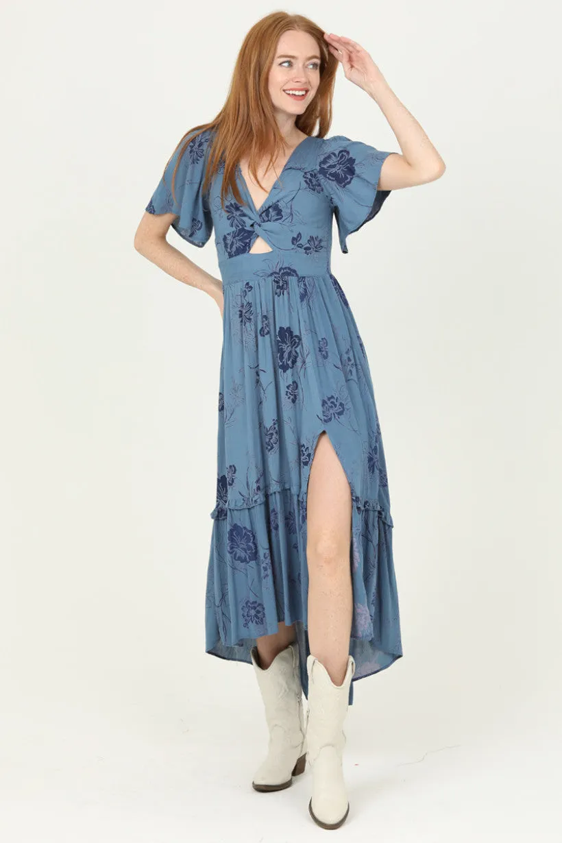 Floral Blue Short Sleeve Swing Dress