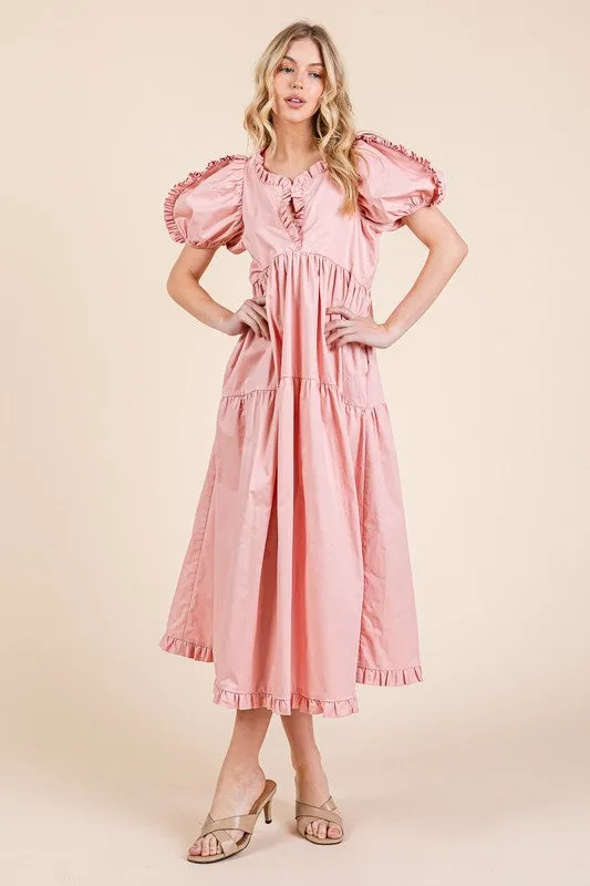 GeeGee Ruffle Trim Puff Sleeve Tiered Babydoll Midi Dress