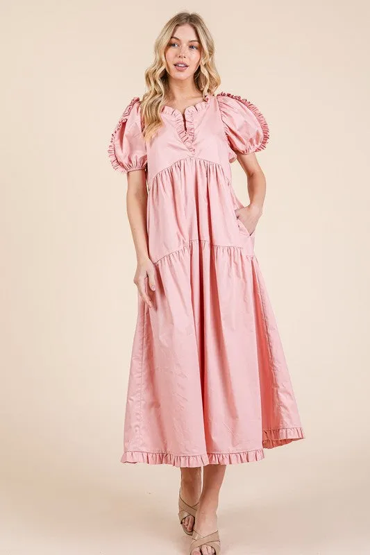 GeeGee Ruffle Trim Puff Sleeve Tiered Babydoll Midi Dress