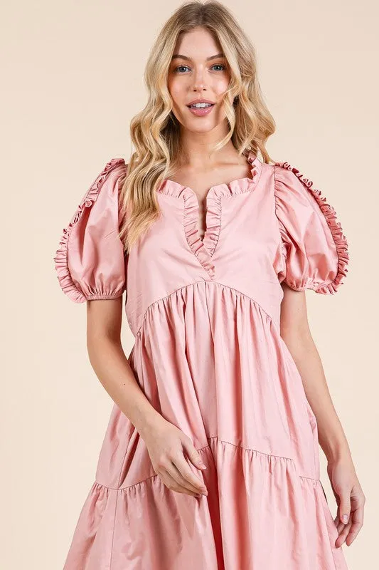 GeeGee Ruffle Trim Puff Sleeve Tiered Babydoll Midi Dress