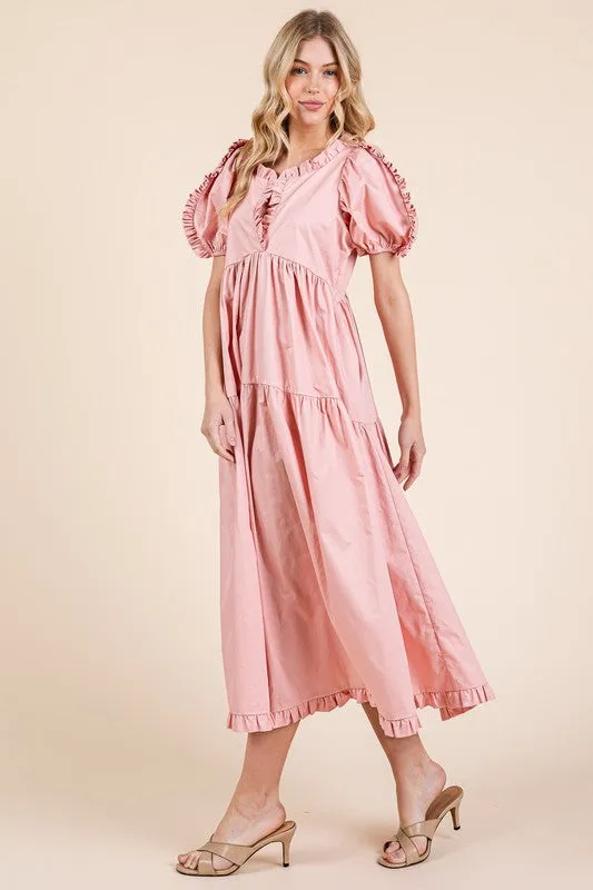 GeeGee Ruffle Trim Puff Sleeve Tiered Babydoll Midi Dress