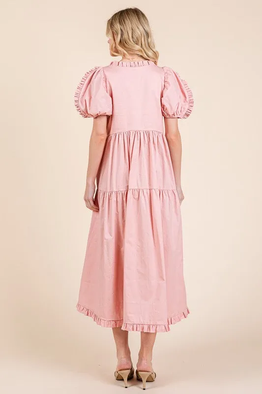 GeeGee Ruffle Trim Puff Sleeve Tiered Babydoll Midi Dress