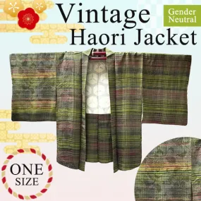Gender-Neutral Vintage Haori Jacket ,Pattern: A colorful checkered pattern in shades of yellow-green, red, black, and dark navy.