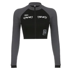 Gray And Black Knit Ribbed Patchwork Turtleneck Whatever Front Zip-Up Crop Long Sleeve