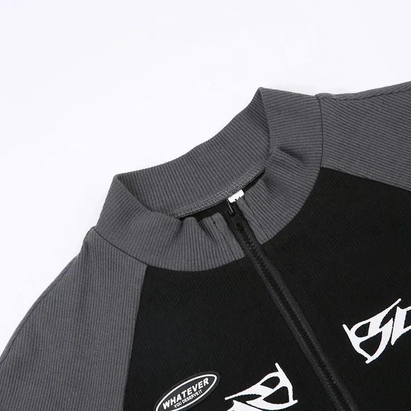 Gray And Black Knit Ribbed Patchwork Turtleneck Whatever Front Zip-Up Crop Long Sleeve