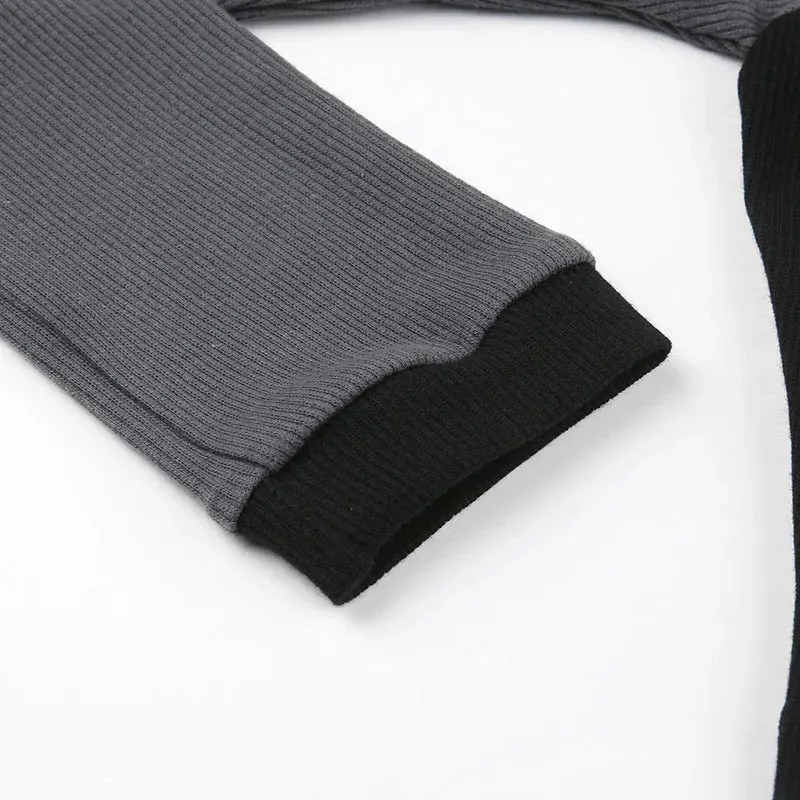 Gray And Black Knit Ribbed Patchwork Turtleneck Whatever Front Zip-Up Crop Long Sleeve