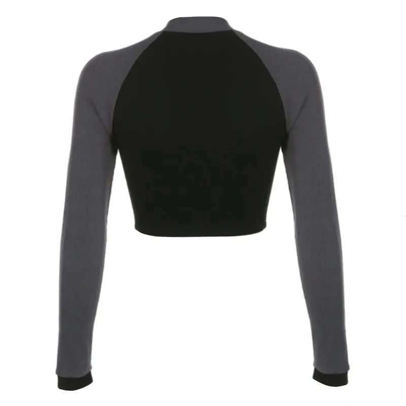Gray And Black Knit Ribbed Patchwork Turtleneck Whatever Front Zip-Up Crop Long Sleeve