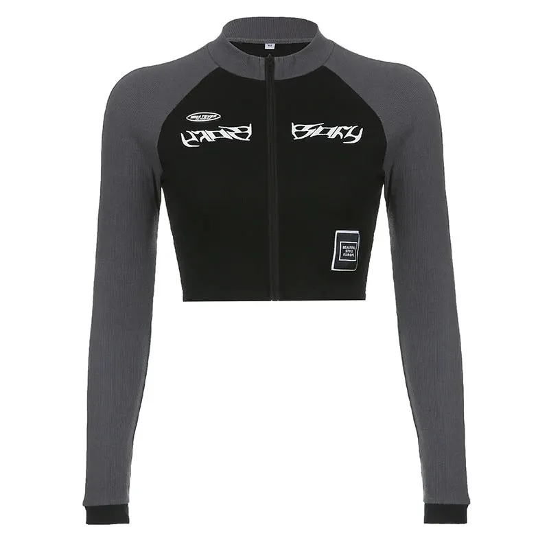 Gray And Black Knit Ribbed Patchwork Turtleneck Whatever Front Zip-Up Crop Long Sleeve
