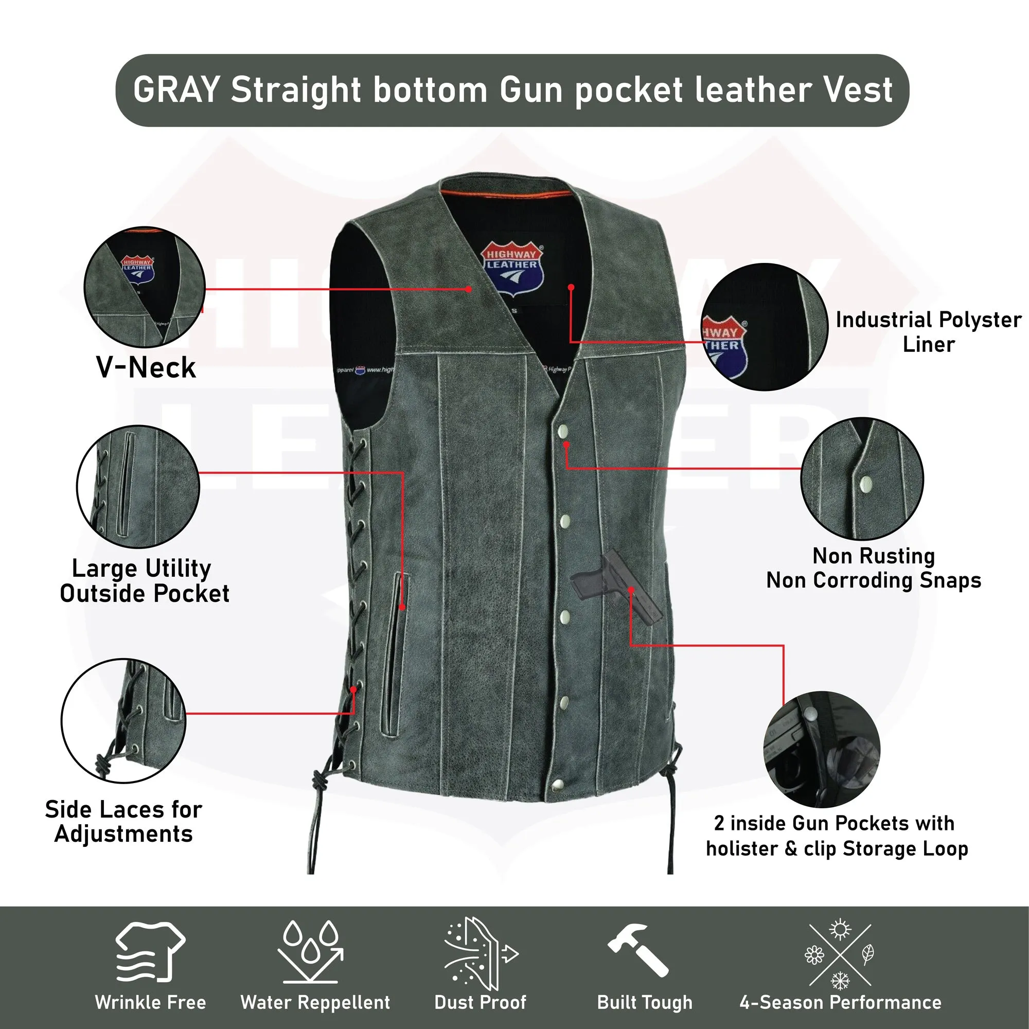 GRAY Straight bottom Gun pocket leather vest