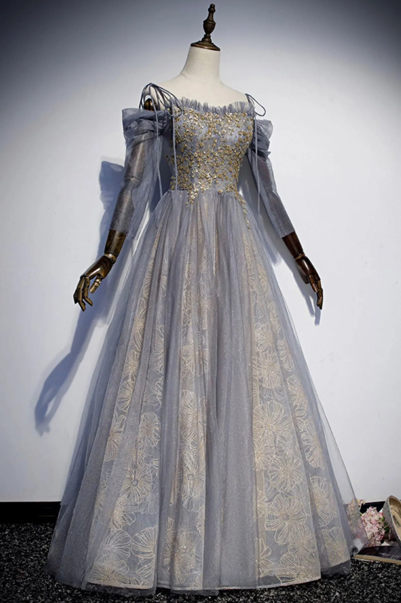 Gray Tulle Sequins Long Prom Dress, Off the Shoulder Evening Party Dress