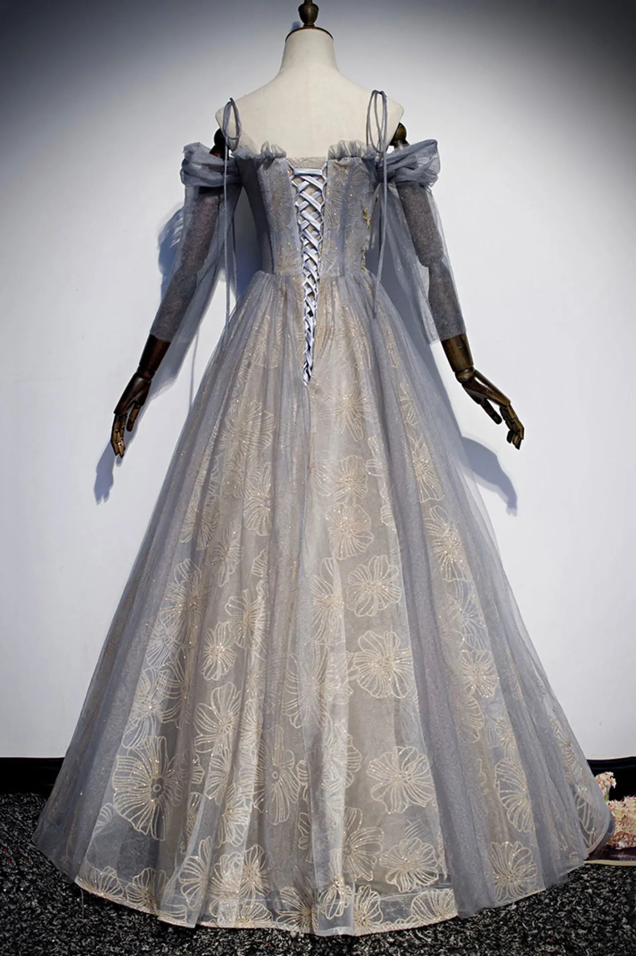 Gray Tulle Sequins Long Prom Dress, Off the Shoulder Evening Party Dress