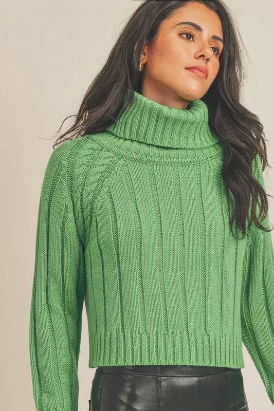 Green Cable Knit Turtleneck Sweater