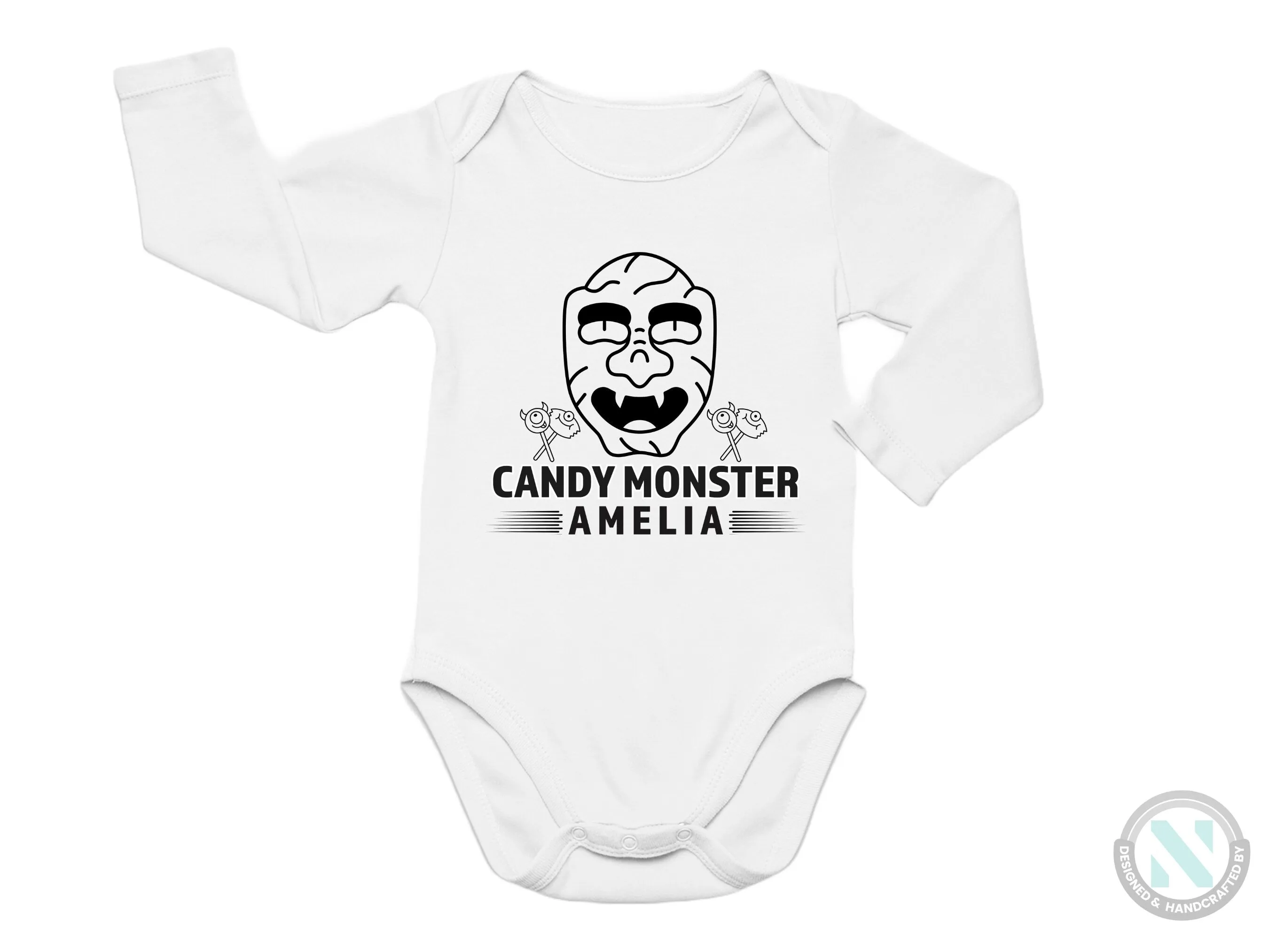 Halloween Personalize Baby Girl Name Bodysuit With Candy Monster