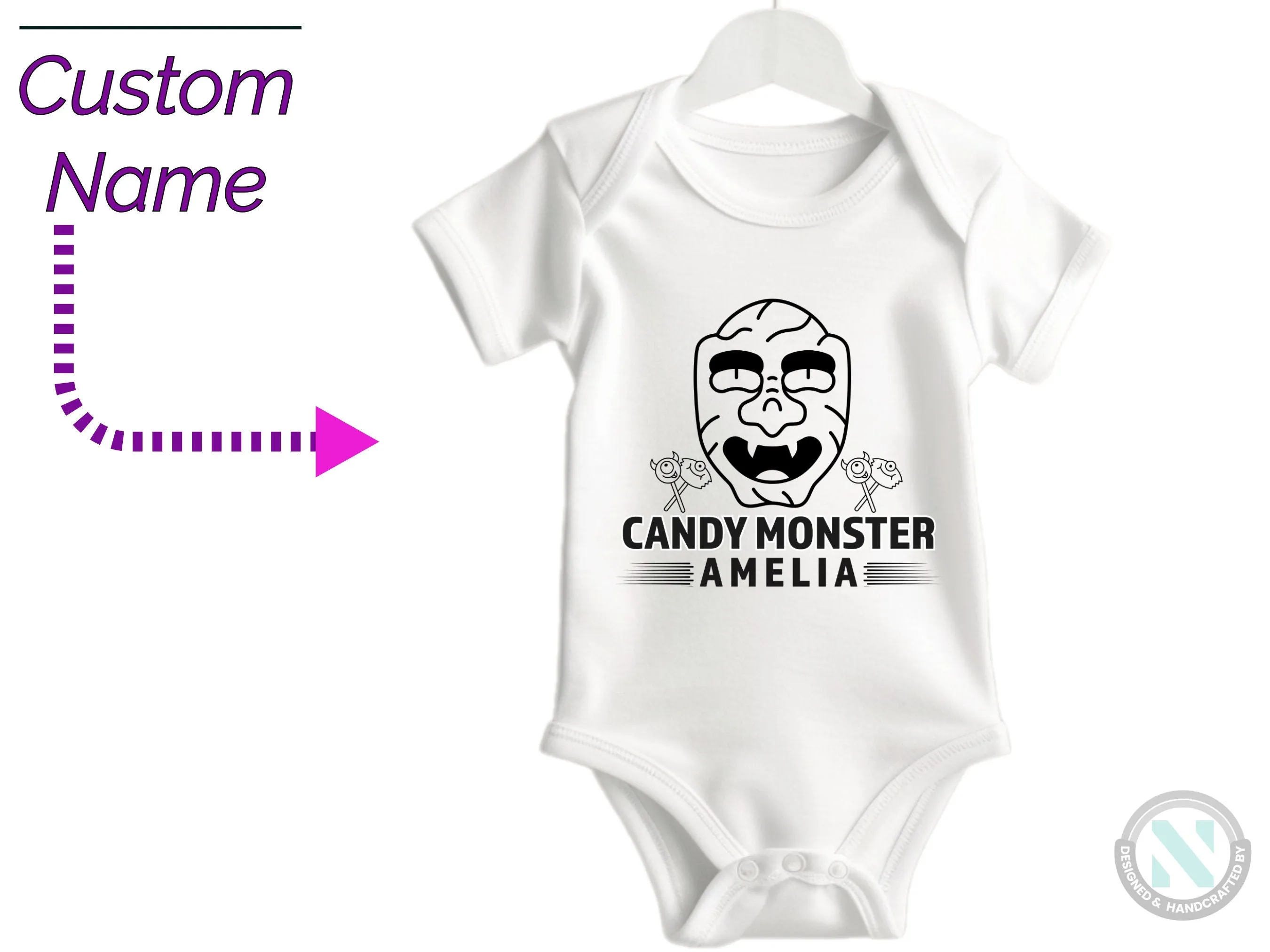 Halloween Personalize Baby Girl Name Bodysuit With Candy Monster
