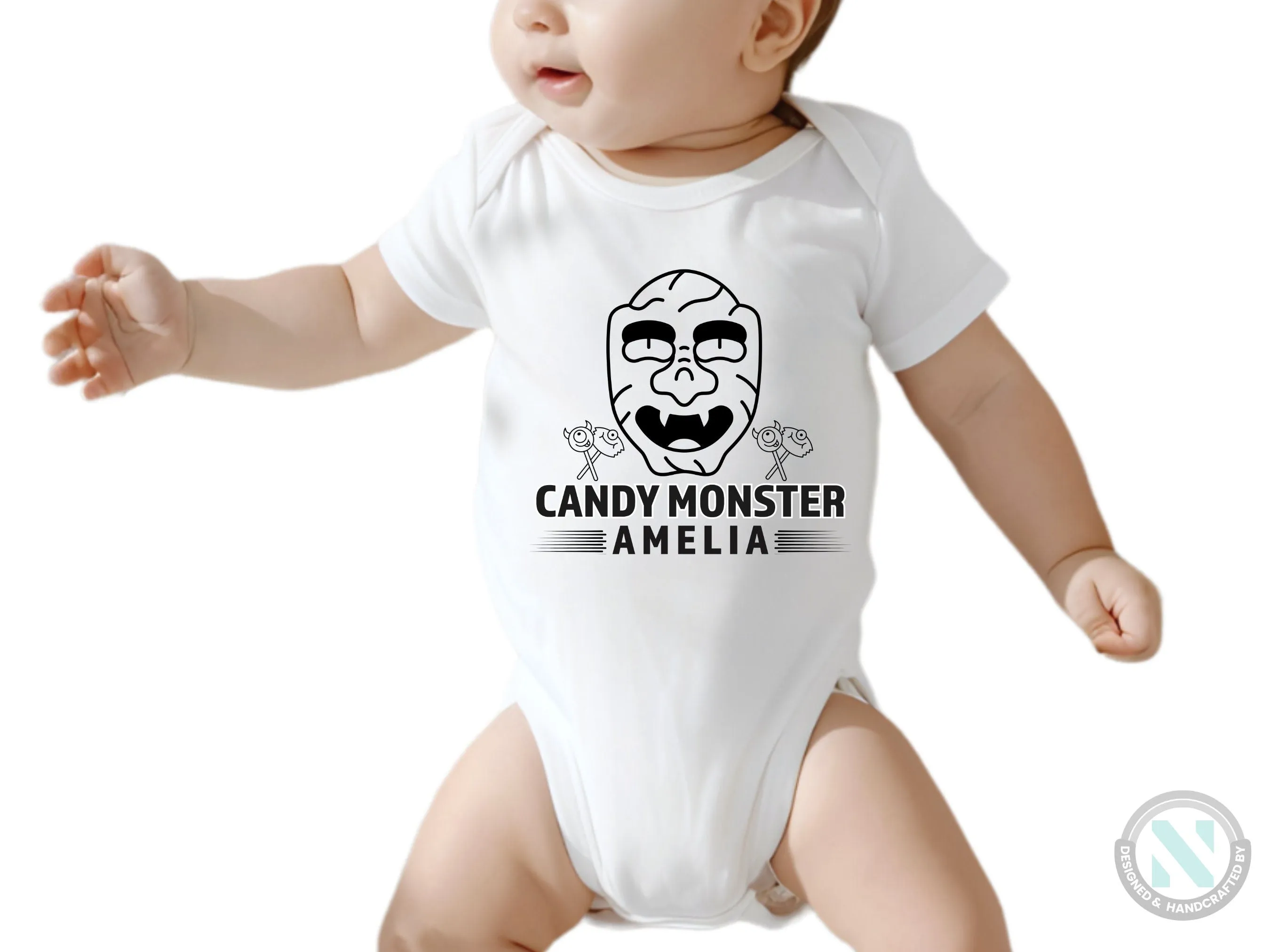 Halloween Personalize Baby Girl Name Bodysuit With Candy Monster