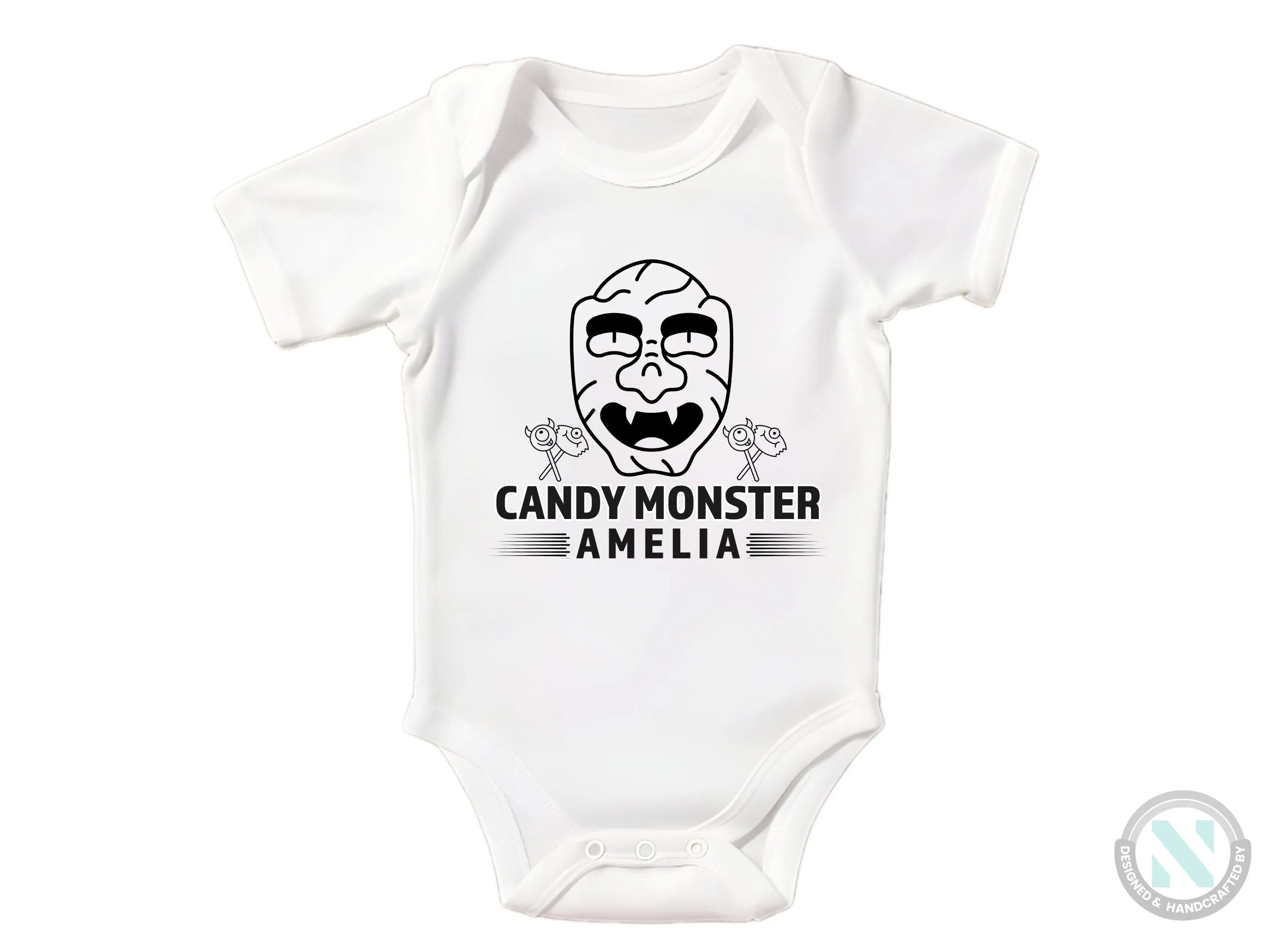 Halloween Personalize Baby Girl Name Bodysuit With Candy Monster