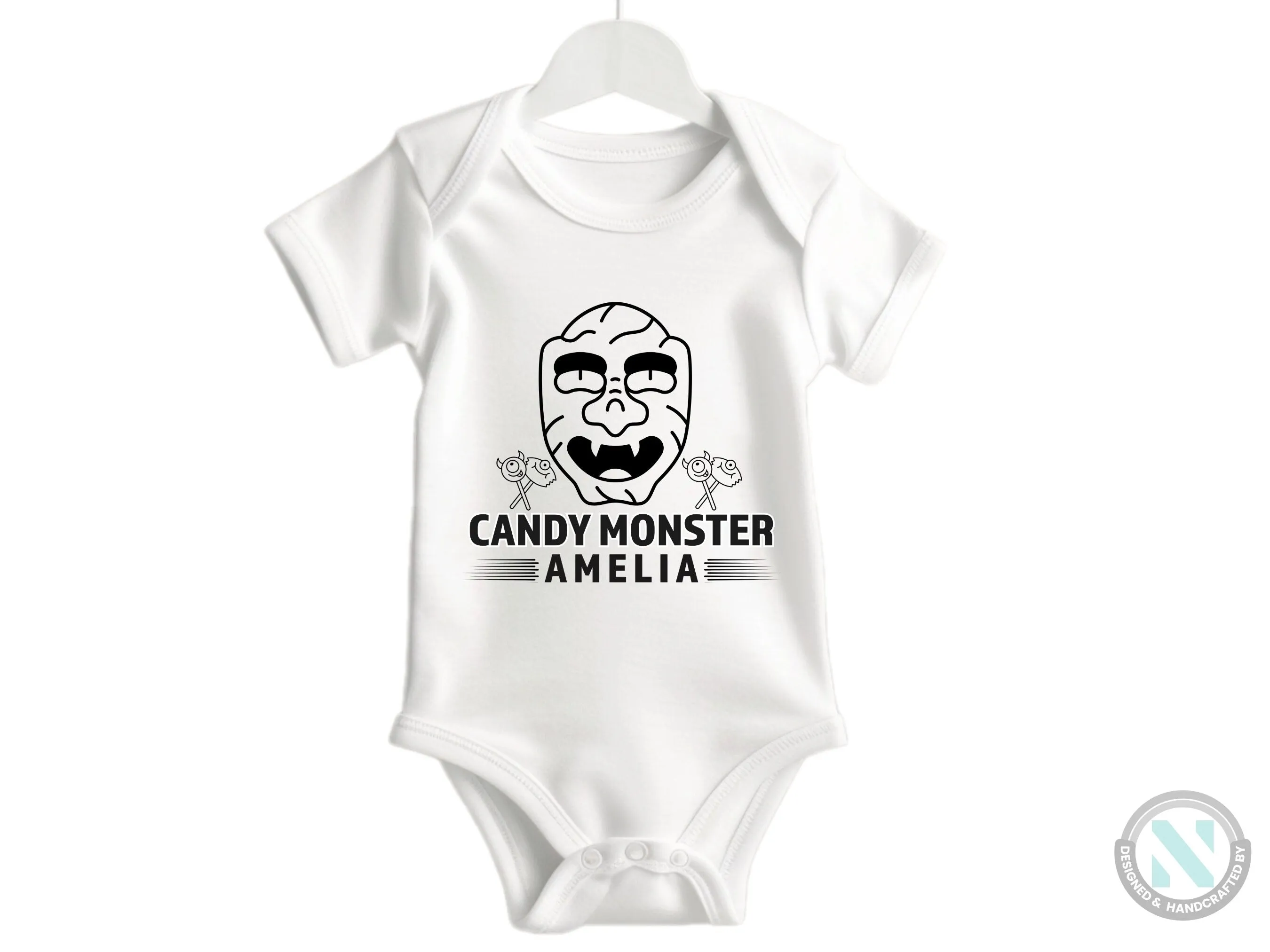 Halloween Personalize Baby Girl Name Bodysuit With Candy Monster