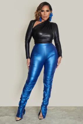 High Waist Ruched PU Leather Skinny Pants