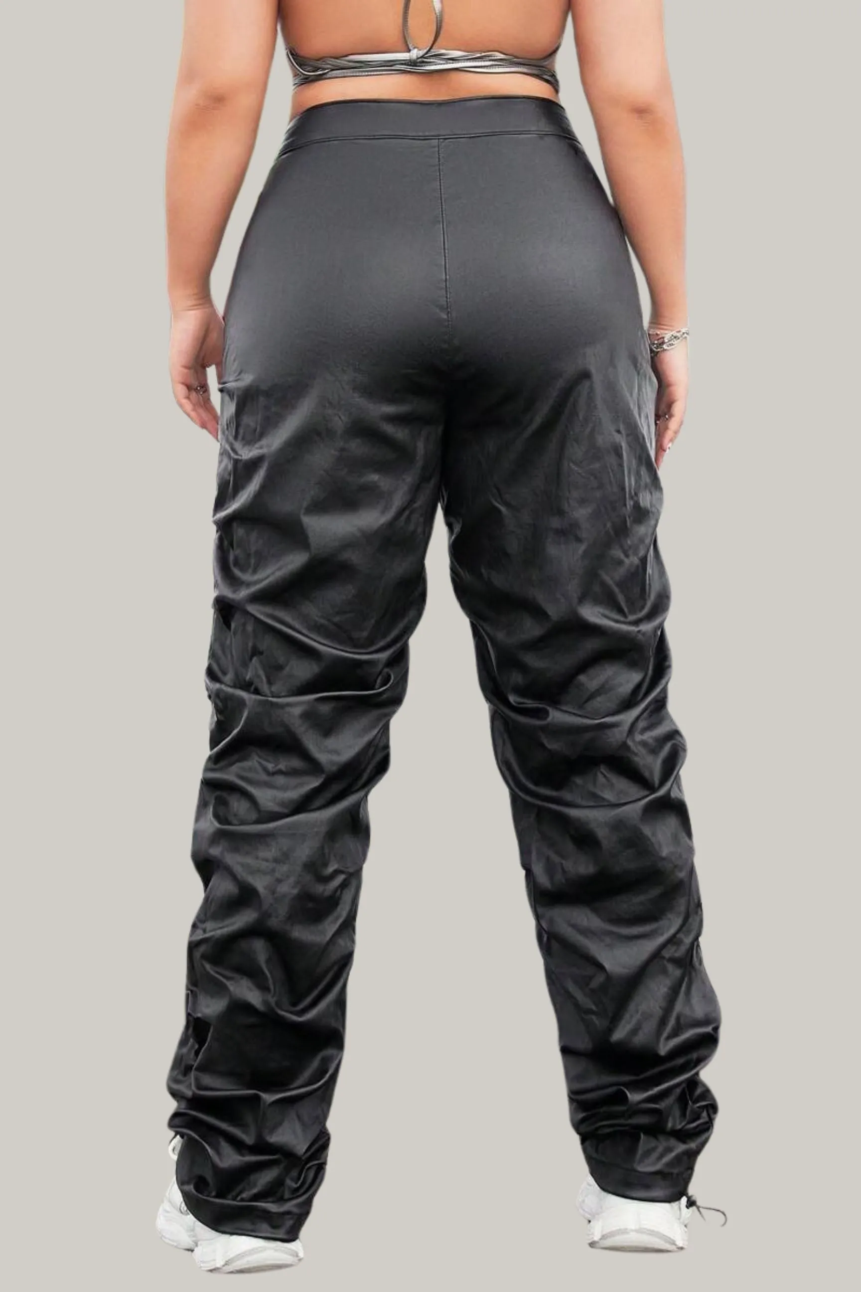 High Waist Ruched PU Leather Skinny Pants