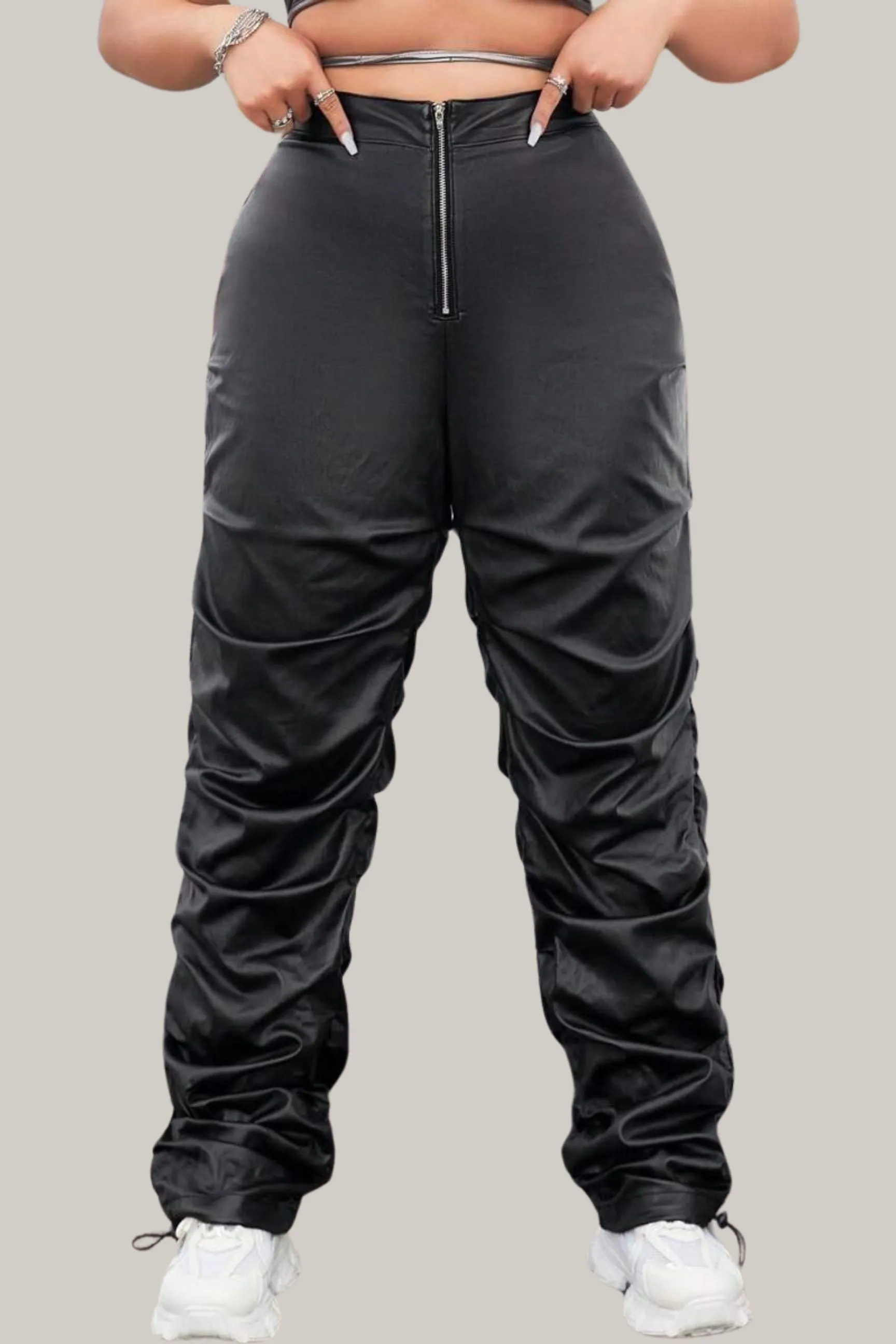 High Waist Ruched PU Leather Skinny Pants