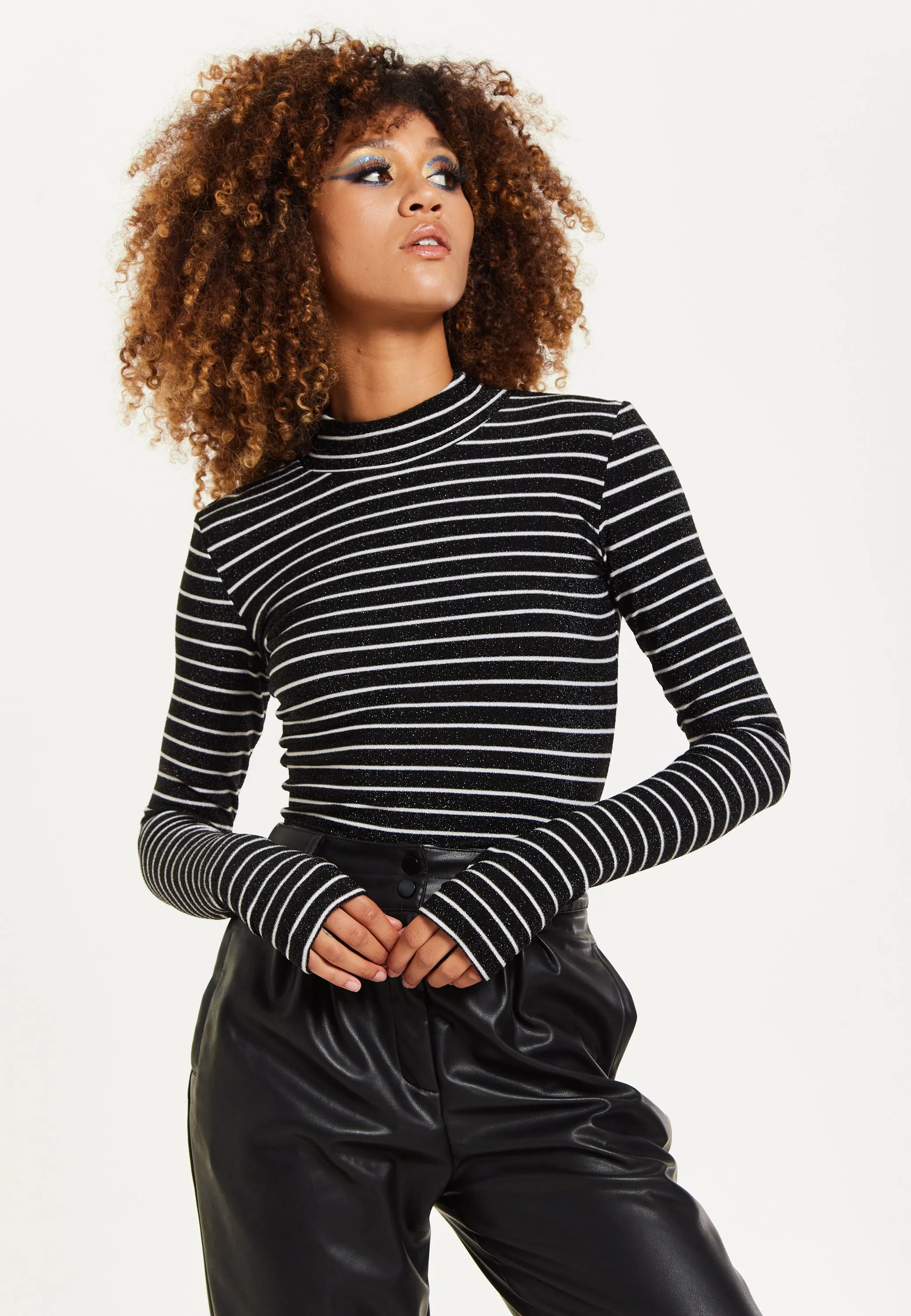 House of Holland Midnight Sparkle Striped Hi Neck Lurex Top