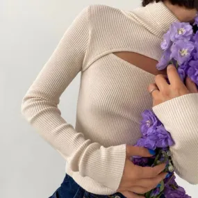 Knitted Turtleneck Hollow-Out Casual Long Sleeve Top