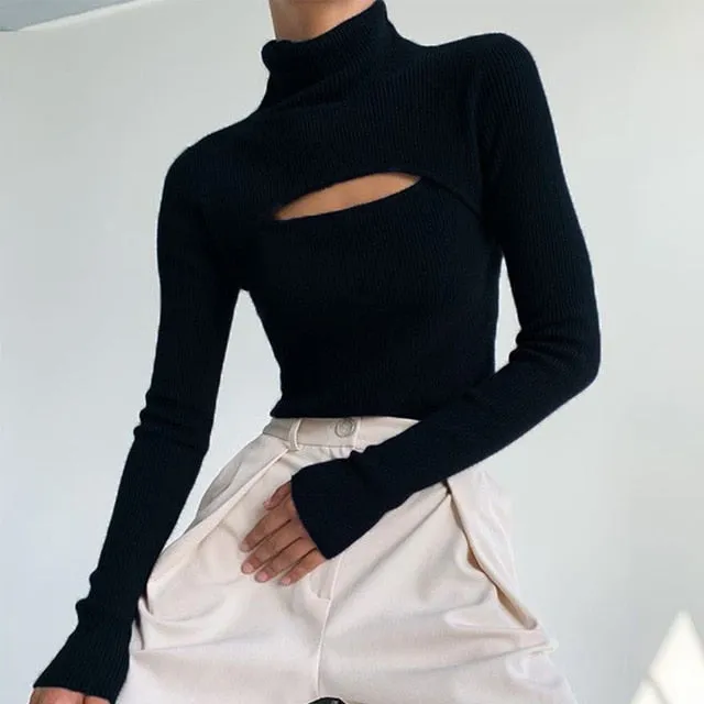 Knitted Turtleneck Hollow-Out Casual Long Sleeve Top